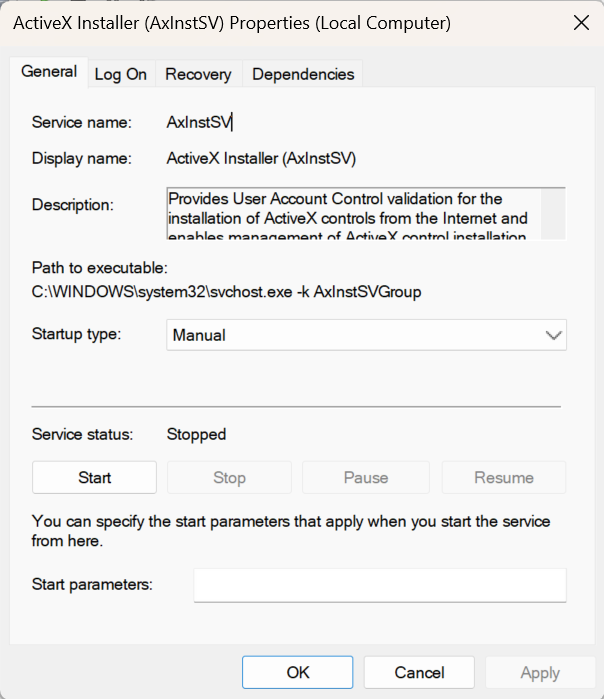 The Windows Services console Properties dialog (General tab) showing a service's Startup type dropdown and the Start button