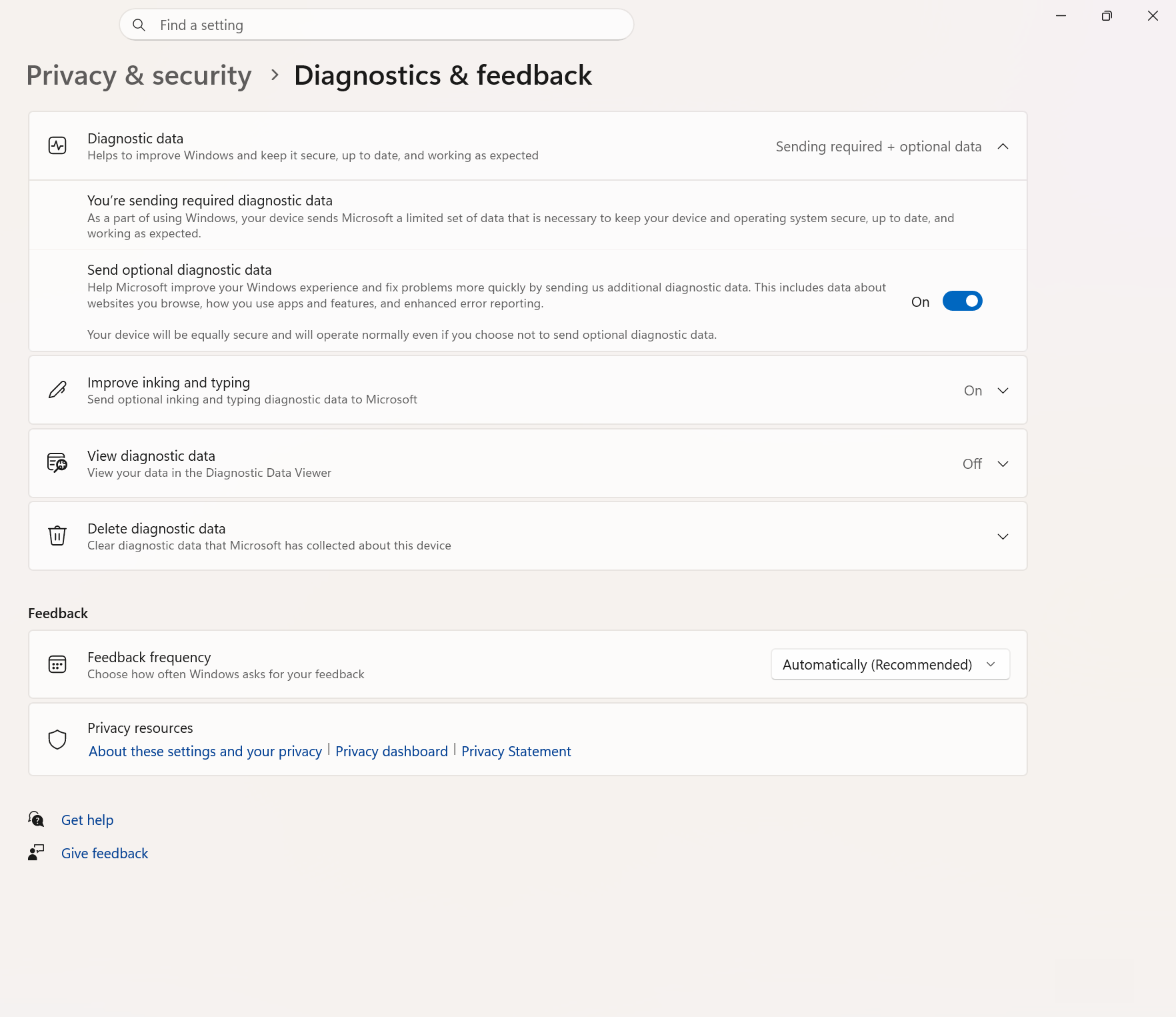 Settings, Privacy & security, Diagnostics & feedback, showing the Send optional diagnostic data toggle