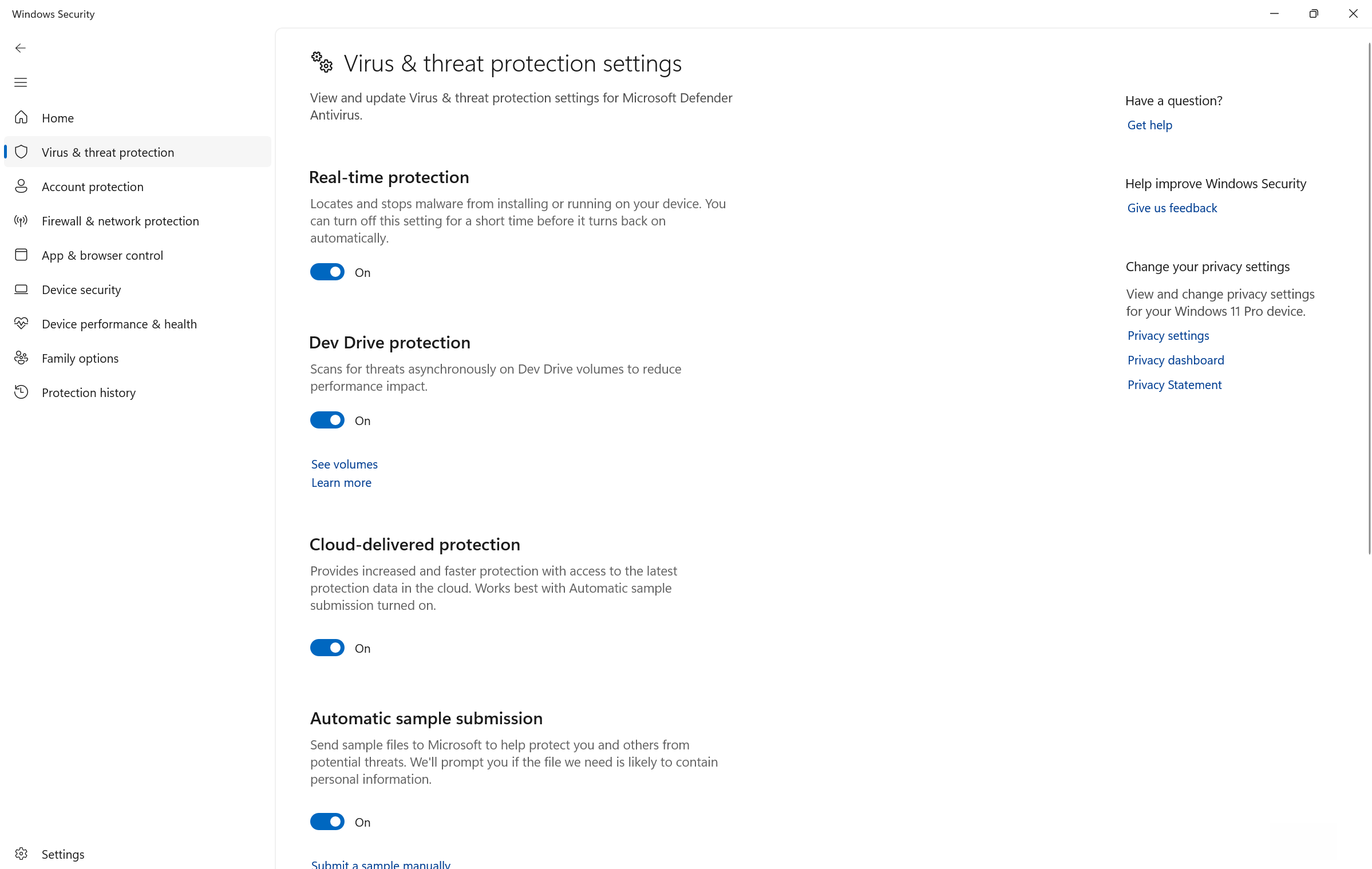 Windows Security, Virus & threat protection settings, with the Real-time protection toggle switched On